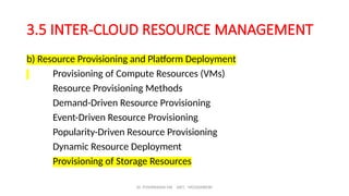 Dr. PUSHPARANI MK AIET, MOODABIDRI
3.5 INTER-CLOUD RESOURCE MANAGEMENT
b) Resource Provisioning and Platform Deployment
Provisioning of Compute Resources (VMs)
Resource Provisioning Methods
Demand-Driven Resource Provisioning
Event-Driven Resource Provisioning
Popularity-Driven Resource Provisioning
Dynamic Resource Deployment
Provisioning of Storage Resources
 