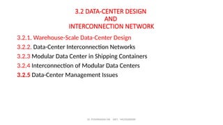 Dr. PUSHPARANI MK AIET, MOODABIDRI
3.2 DATA-CENTER DESIGN
AND
INTERCONNECTION NETWORK
3.2.1. Warehouse-Scale Data-Center Design
3.2.2. Data-Center Interconnection Networks
3.2.3 Modular Data Center in Shipping Containers
3.2.4 Interconnection of Modular Data Centers
3.2.5 Data-Center Management Issues
 