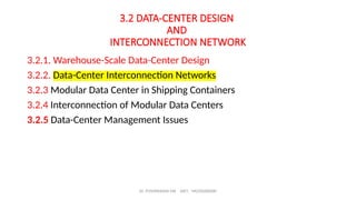 Dr. PUSHPARANI MK AIET, MOODABIDRI
3.2 DATA-CENTER DESIGN
AND
INTERCONNECTION NETWORK
3.2.1. Warehouse-Scale Data-Center Design
3.2.2. Data-Center Interconnection Networks
3.2.3 Modular Data Center in Shipping Containers
3.2.4 Interconnection of Modular Data Centers
3.2.5 Data-Center Management Issues
 