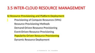 Dr. PUSHPARANI MK AIET, MOODABIDRI
3.5 INTER-CLOUD RESOURCE MANAGEMENT
b) Resource Provisioning and Platform Deployment
Provisioning of Compute Resources (VMs)
Resource Provisioning Methods
Demand-Driven Resource Provisioning
Event-Driven Resource Provisioning
Popularity-Driven Resource Provisioning
Dynamic Resource Deployment
 