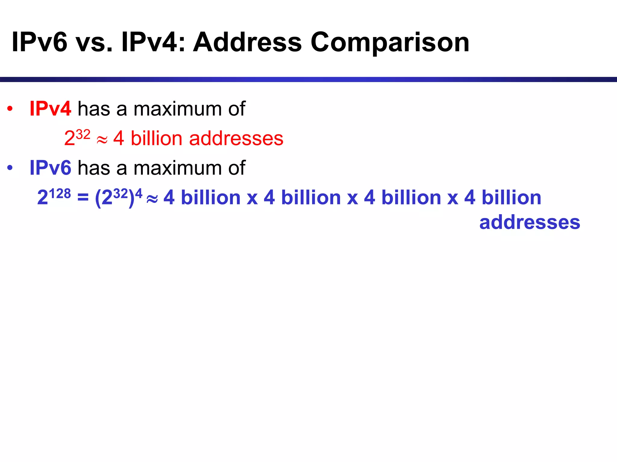 IPv6 vs. IPv4: Address Comparison
• IPv4 has a maximum of
232  4 billion addresses
• IPv6 has a maximum of
2128 = (232)4  4 billion x 4 billion x 4 billion x 4 billion
addresses
 