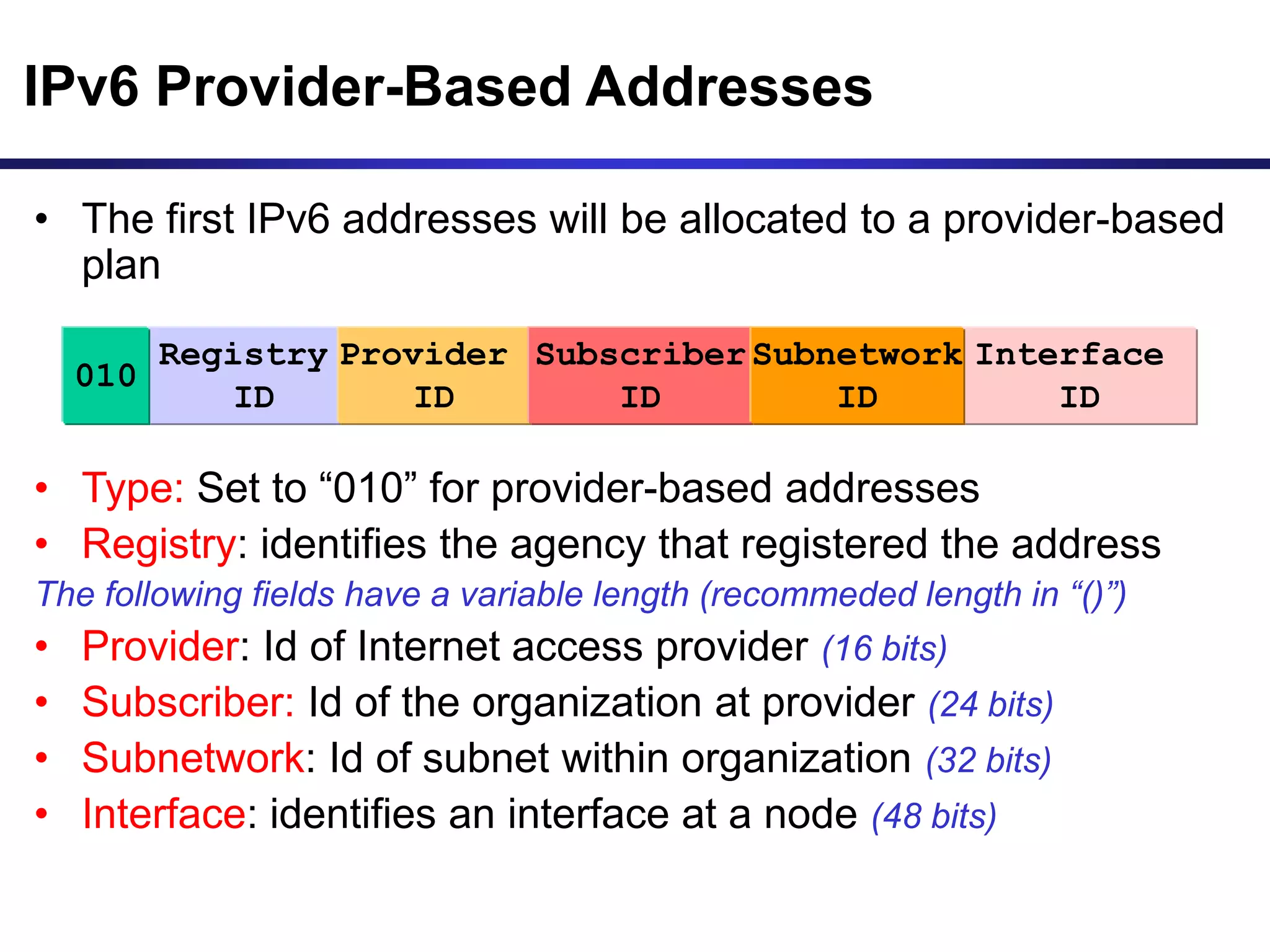 IPv6 Provider-Based Addresses
• The first IPv6 addresses will be allocated to a provider-based
plan
• Type: Set to “010” for provider-based addresses
• Registry: identifies the agency that registered the address
The following fields have a variable length (recommeded length in “()”)
• Provider: Id of Internet access provider (16 bits)
• Subscriber: Id of the organization at provider (24 bits)
• Subnetwork: Id of subnet within organization (32 bits)
• Interface: identifies an interface at a node (48 bits)
Registry
ID
Provider
ID
010
Subscriber
ID
Interface
ID
Subnetwork
ID
 