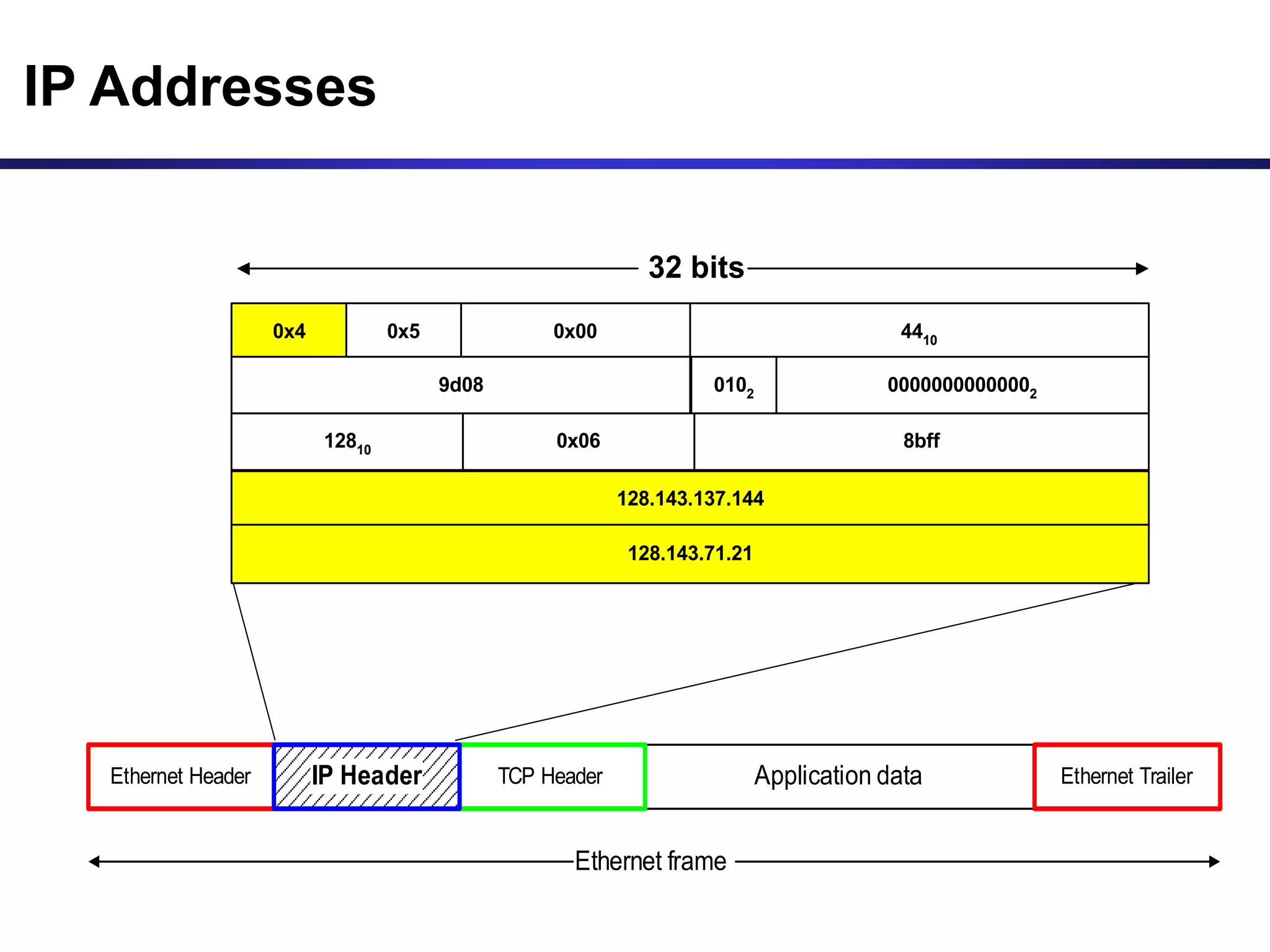 IP Addresses
Application data
TCP Header
Ethernet Header Ethernet Trailer
Ethernet frame
IP Header
0x4 0x5 0x00 4410
9d08 0102 00000000000002
128.143.137.144
128.143.71.21
12810 0x06 8bff
32 bits
 