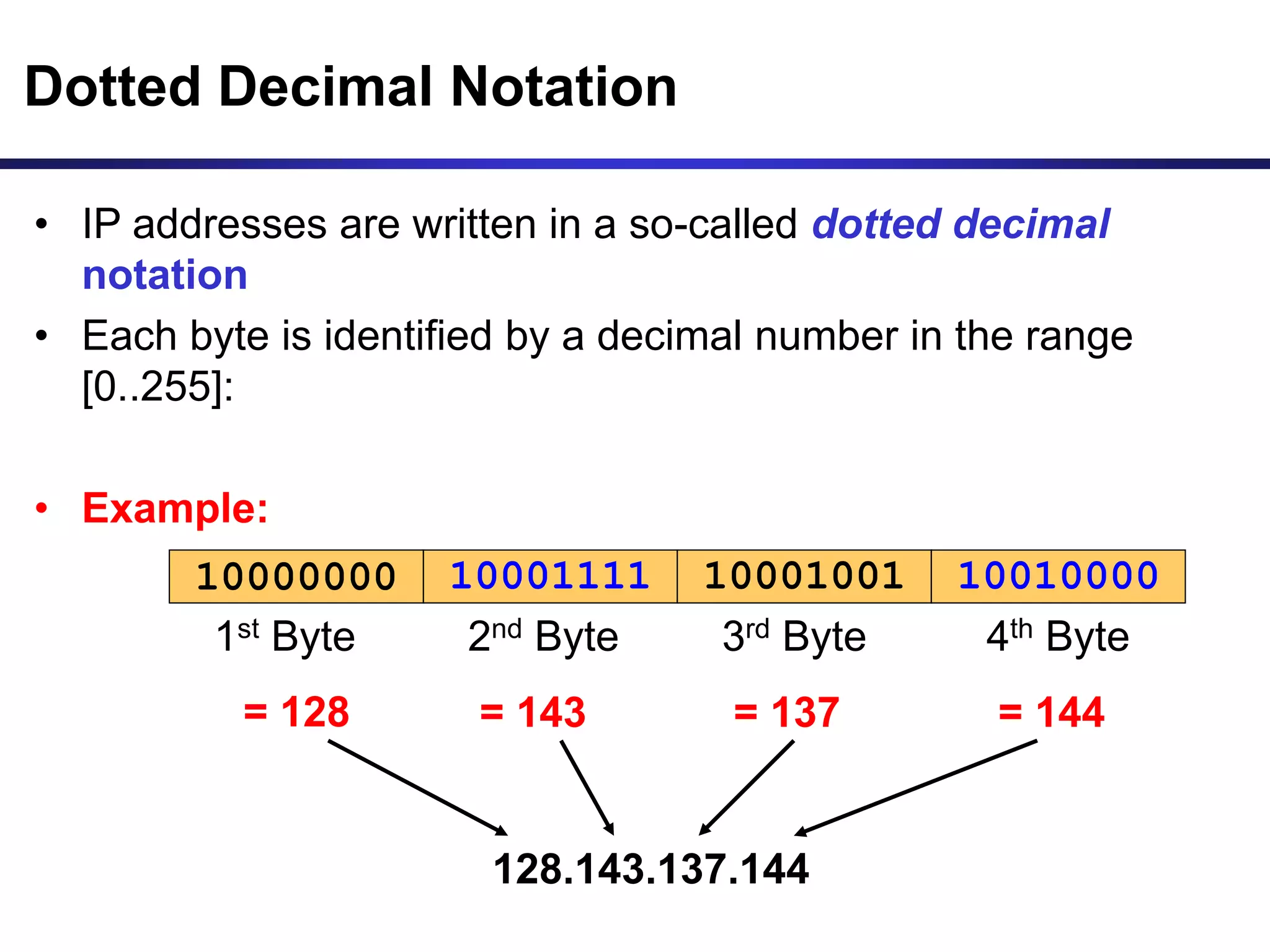 Dotted Decimal Notation
• IP addresses are written in a so-called dotted decimal
notation
• Each byte is identified by a decimal number in the range
[0..255]:
• Example:
10001111
10000000 10001001 10010000
1st Byte
= 128
2nd Byte
= 143
3rd Byte
= 137
4th Byte
= 144
128.143.137.144
 