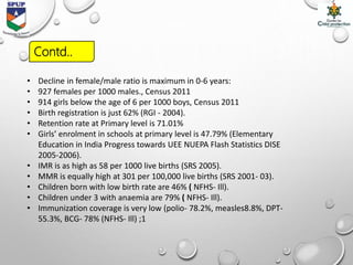 Contd..
• Decline in female/male ratio is maximum in 0-6 years:
• 927 females per 1000 males., Census 2011
• 914 girls below the age of 6 per 1000 boys, Census 2011
• Birth registration is just 62% (RGI - 2004).
• Retention rate at Primary level is 71.01%
• Girls’ enrolment in schools at primary level is 47.79% (Elementary
Education in India Progress towards UEE NUEPA Flash Statistics DISE
2005-2006).
• IMR is as high as 58 per 1000 live births (SRS 2005).
• MMR is equally high at 301 per 100,000 live births (SRS 2001- 03).
• Children born with low birth rate are 46% ( NFHS- Ill).
• Children under 3 with anaemia are 79% ( NFHS- Ill).
• Immunization coverage is very low (polio- 78.2%, measles8.8%, DPT-
55.3%, BCG- 78% (NFHS- Ill) ;1
 