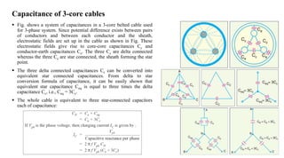 Capacitance of 3-core cables
 Fig. shows a system of capacitances in a 3-core belted cable used
for 3-phase system. Since potential difference exists between pairs
of conductors and between each conductor and the sheath,
electrostatic fields are set up in the cable as shown in Fig. These
electrostatic fields give rise to core-core capacitances Cc and
conductor-earth capacitances Ce. The three Cc are delta connected
whereas the three Ce are star connected, the sheath forming the star
point.
 The three delta connected capacitances Cc can be converted into
equivalent star connected capacitances. From delta to star
conversion formula of capacitance, it can be easily shown that
equivalent star capacitance Ceq is equal to three times the delta
capacitance Cc, i.e., Ceq = 3Cc.
 The whole cable is equivalent to three star-connected capacitors
each of capacitance:
 