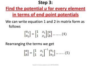 Step 3:
Find the potential u for every element
in terms of end point potentials
We can write equation 1 and 2 in matrix form as
follows
Rearranging the terms we get
Awab Sir (www.awabsir.com) 8976104646
 