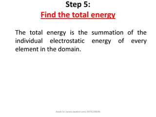 Step 5:
Find the total energy
The total energy is the summation of the
individual electrostatic energy of every
element in the domain.
Awab Sir (www.awabsir.com) 8976104646
 