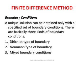 FINITE DIFFERENCE METHOD
Boundary Conditions
A unique solution can be obtained only with a
specified set of boundary conditions. There
are basically three kinds of boundary
conditions:
1. Dirichlet type of boundary
2. Neumann type of boundary
3. Mixed boundary conditions
Awab Sir (www.awabsir.com) 8976104646
 