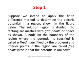 Step 1
Suppose we intend to apply the finite
difference method to determine the electric
potential in a region, shown in the figure
below. The solution region is divided into
rectangular meshes with grid points or nodes
as shown. A node on the boundary of the
region where the potential is specified is
called a fixed node (fixed by the problem) and
interior points in the region are called free
points (free in that the potential is unknown).
Awab Sir (www.awabsir.com) 8976104646
 