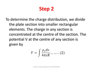 Step 2
To determine the charge distribution, we divide
the plate section into smaller rectangular
elements. The charge in any section is
concentrated at the centre of the section. The
potential V at the centre of any section is
given by
Awab Sir (www.awabsir.com) 8976104646
 