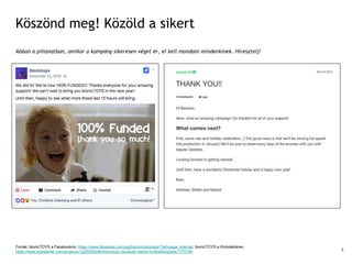 Köszönd meg! Közöld a sikert
Abban a pillanatban, amikor a kampány sikeresen véget ér, el kell mondani mindenkinek. Híresztelj!
Forrás: bionicTOYS a Facebookon, https://www.facebook.com/pg/bionictoys/posts/?ref=page_internal; bionicTOYS a Kickstarteren,
https://www.kickstarter.com/projects/1229300248/bionictoys-because-nature-is-flexible/posts/1770190 4
 