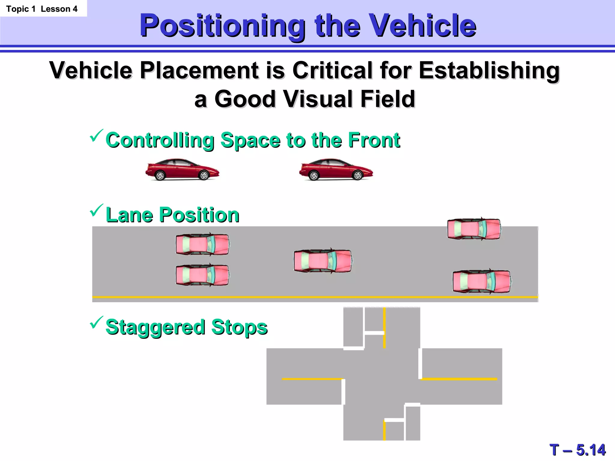 Positioning the VehiclePositioning the Vehicle
Topic 1 Lesson 4Topic 1 Lesson 4
T – 5.14T – 5.14
Vehicle Placement is Critical for EstablishingVehicle Placement is Critical for Establishing
a Good Visual Fielda Good Visual Field
Controlling Space to the FrontControlling Space to the Front
Lane PositionLane Position
Staggered StopsStaggered Stops
 