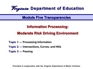 Information Processing:Information Processing:
Moderate Risk Driving EnvironmentModerate Risk Driving Environment
Topic 1 --Topic 1 -- Processing InformationProcessing Information
Topic 2 --Topic 2 -- Intersections, Curves, and HillsIntersections, Curves, and Hills
Topic 3 --Topic 3 -- PassingPassing
Module Five TransparenciesModule Five Transparencies
VirginiaVirginia Department of EducationDepartment of Education
Provided in cooperation with the Virginia Department of Motor VehiclesProvided in cooperation with the Virginia Department of Motor Vehicles
 