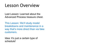 Last Lesson: Learned about the
Advanced Process treasure chest.
This Lesson: We’ll study model
breakdowns and maintenance in a
way that’s more direct than via fake
customers.
Idea: It’s just a certain type of
schedule!
Lesson Overview
 