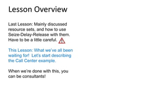Last Lesson: Mainly discussed
resource sets, and how to use
Seize-Delay-Release with them.
Have to be a little careful.
This Lesson: What we’ve all been
waiting for! Let’s start describing
the Call Center example.
When we’re done with this, you
can be consultants!
Lesson Overview
 