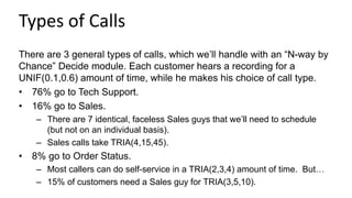 Types of Calls
There are 3 general types of calls, which we’ll handle with an “N-way by
Chance” Decide module. Each customer hears a recording for a
UNIF(0.1,0.6) amount of time, while he makes his choice of call type.
• 76% go to Tech Support.
• 16% go to Sales.
– There are 7 identical, faceless Sales guys that we’ll need to schedule
(but not on an individual basis).
– Sales calls take TRIA(4,15,45).
• 8% go to Order Status.
– Most callers can do self-service in a TRIA(2,3,4) amount of time. But…
– 15% of customers need a Sales guy for TRIA(3,5,10).
 