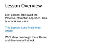 Last Lesson: Reviewed the
Process-Interaction approach. This
is what Arena uses.
This Lesson: Let’s finally meet
Arena!
We’ll show how to get the software,
and then take a first look.
Lesson Overview
 
