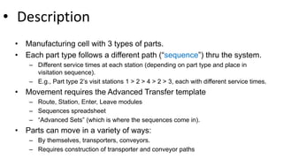 • Description
• Manufacturing cell with 3 types of parts.
• Each part type follows a different path (“sequence”) thru the system.
– Different service times at each station (depending on part type and place in
visitation sequence).
– E.g., Part type 2’s visit stations 1 > 2 > 4 > 2 > 3, each with different service times.
• Movement requires the Advanced Transfer template
– Route, Station, Enter, Leave modules
– Sequences spreadsheet
– “Advanced Sets” (which is where the sequences come in).
• Parts can move in a variety of ways:
– By themselves, transporters, conveyors.
– Requires construction of transporter and conveyor paths
 