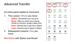 An entire panel related to movement
1. This Lesson: Where you move
– Station: Somewhere you can go to
– Route: Tells you where you’re going.
Similar to Connect, except it takes time
– Enter: General way to get into a Station
– Leave: General way to depart a Station
2. Subsequent Lessons: How you
move
Mini-Demo with Station and Route!
Advanced Transfer
 
