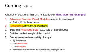 A bunch of additional lessons related to our Manufacturing Example!
1. Advanced Transfer Panel Modules related to movement
– Station, Route, Enter, Leave
2. Sequences of visitation locations
3. Sets and Advanced Sets (e.g., sets of Sequences)
4. Detailed walk-through of the model
5. Parts can move in a variety of ways:
– By themselves
– Via transporters
– Via conveyors
– Requires construction of transporter and conveyor paths
Coming Up…
 