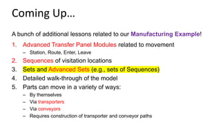 A bunch of additional lessons related to our Manufacturing Example!
1. Advanced Transfer Panel Modules related to movement
– Station, Route, Enter, Leave
2. Sequences of visitation locations
3. Sets and Advanced Sets (e.g., sets of Sequences)
4. Detailed walk-through of the model
5. Parts can move in a variety of ways:
– By themselves
– Via transporters
– Via conveyors
– Requires construction of transporter and conveyor paths
Coming Up…
 