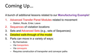 A bunch of additional lessons related to our Manufacturing Example!
1. Advanced Transfer Panel Modules related to movement
– Station, Route, Enter, Leave
2. Sequences of visitation locations
3. Sets and Advanced Sets (e.g., sets of Sequences)
4. Detailed walk-through of the model
5. Parts can move in a variety of ways:
– By themselves
– Via transporters
– Via conveyors
– Requires construction of transporter and conveyor paths
Coming Up…
 