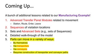 A bunch of additional lessons related to our Manufacturing Example!
1. Advanced Transfer Panel Modules related to movement
– Station, Route, Enter, Leave
2. Sequences of visitation locations
3. Sets and Advanced Sets (e.g., sets of Sequences)
4. Detailed walk-through of the model
5. Parts can move in a variety of ways:
– By themselves
– Via transporters
– Via conveyors
– Requires construction of transporter and conveyor paths
Coming Up…
 