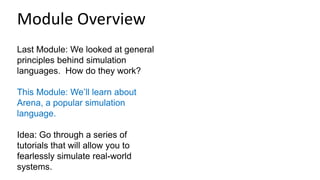 Last Module: We looked at general
principles behind simulation
languages. How do they work?
This Module: We’ll learn about
Arena, a popular simulation
language.
Idea: Go through a series of
tutorials that will allow you to
fearlessly simulate real-world
systems.
Module Overview
 