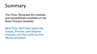 This Time: Reviewed the modules
and spreadsheets available on the
Basic Process template.
Next Time: We’ll learn about the
Create, Process, and Dispose
modules, and then build our first
official simulation.
Summary
 