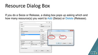 Resource Dialog Box
If you do a Seize or Release, a dialog box pops up asking which and
how many resource(s) you want to Add (Seize) or Delete (Release).
 