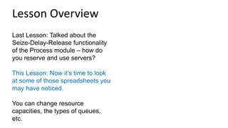 Last Lesson: Talked about the
Seize-Delay-Release functionality
of the Process module – how do
you reserve and use servers?
This Lesson: Now it’s time to look
at some of those spreadsheets you
may have noticed.
You can change resource
capacities, the types of queues,
etc.
Lesson Overview
 