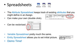 • Spreadsheets
• The Attribute Spreadsheet keeps track of existing attributes that you
might define in an Assign.
• Can make your own (double click).
• Can be vectorized.
• Variable Spreadsheet pretty much the same.
• Entity Spreadsheet allows you to set initial picture.
• Demo Time!
 