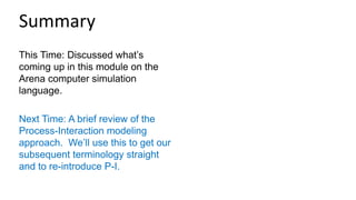 This Time: Discussed what’s
coming up in this module on the
Arena computer simulation
language.
Next Time: A brief review of the
Process-Interaction modeling
approach. We’ll use this to get our
subsequent terminology straight
and to re-introduce P-I.
Summary
 