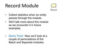 Record Module
• Collect statistics when an entity
passes through the module.
• We’ll talk more about this module
as we encounter it in future
examples.
• Demo Time! Now we’ll look at a
couple of permutations of the
Batch and Separate modules.
 