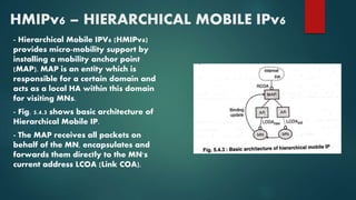 HMIPv6 – HIERARCHICAL MOBILE IPv6
- Hierarchical Mobile IPV6 (HMIPv6)
provides micro-mobility support by
installing a mobility anchor point
(MAP). MAP is an entity which is
responsible for a certain domain and
acts as a local HA within this domain
for visiting MNs.
- Fig. 5.4.3 shows basic architecture of
Hierarchical Mobile IP.
- The MAP receives all packets on
behalf of the MN, encapsulates and
forwards them directly to the MN's
current address LCOA (Link COA).
 
