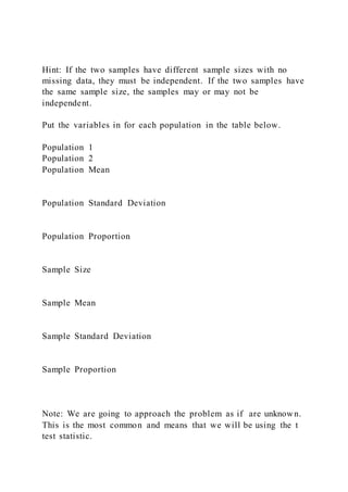 Hint: If the two samples have different sample sizes with no
missing data, they must be independent. If the two samples have
the same sample size, the samples may or may not be
independent.
Put the variables in for each population in the table below.
Population 1
Population 2
Population Mean
Population Standard Deviation
Population Proportion
Sample Size
Sample Mean
Sample Standard Deviation
Sample Proportion
Note: We are going to approach the problem as if are unknown.
This is the most common and means that we will be using the t
test statistic.
 
