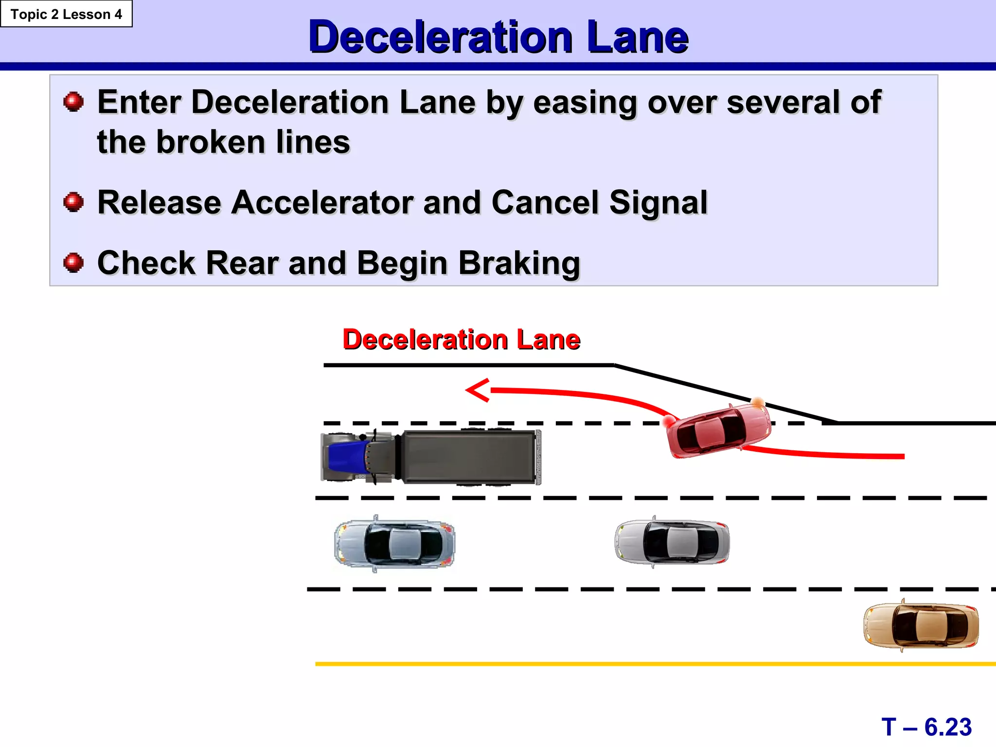 Deceleration LaneDeceleration Lane
Deceleration LaneDeceleration Lane
T – 6.23
Topic 2 Lesson 4
Enter Deceleration Lane by easing over several ofEnter Deceleration Lane by easing over several of
the broken linesthe broken lines
Release Accelerator and Cancel SignalRelease Accelerator and Cancel Signal
Check Rear and Begin BrakingCheck Rear and Begin Braking
 