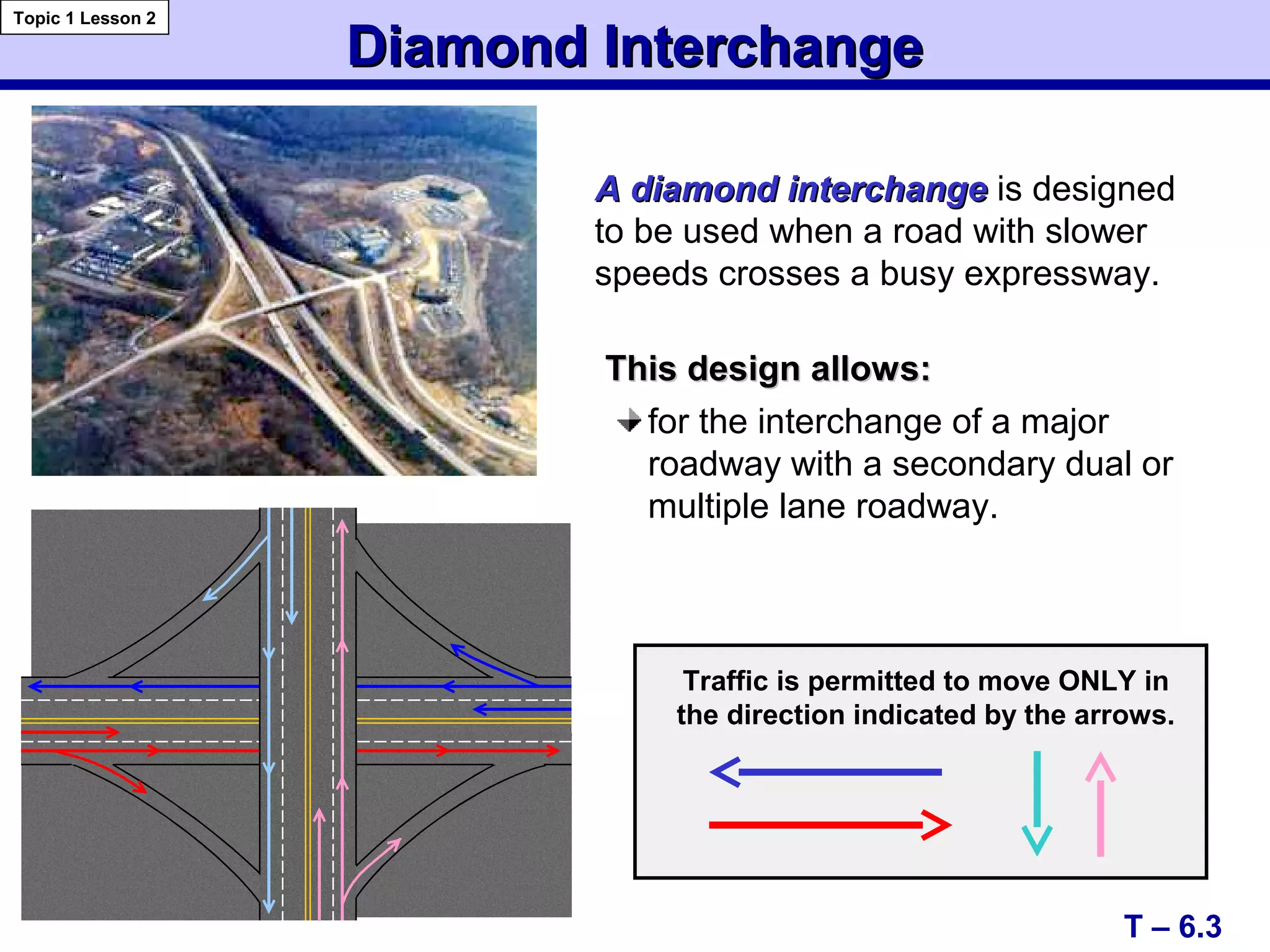 Diamond InterchangeDiamond Interchange
T – 6.3
Topic 1 Lesson 2
A diamond interchangeA diamond interchange is designed
to be used when a road with slower
speeds crosses a busy expressway.
Traffic is permitted to move ONLY in
the direction indicated by the arrows.
for the interchange of a major
roadway with a secondary dual or
multiple lane roadway.
This design allows:This design allows:
 