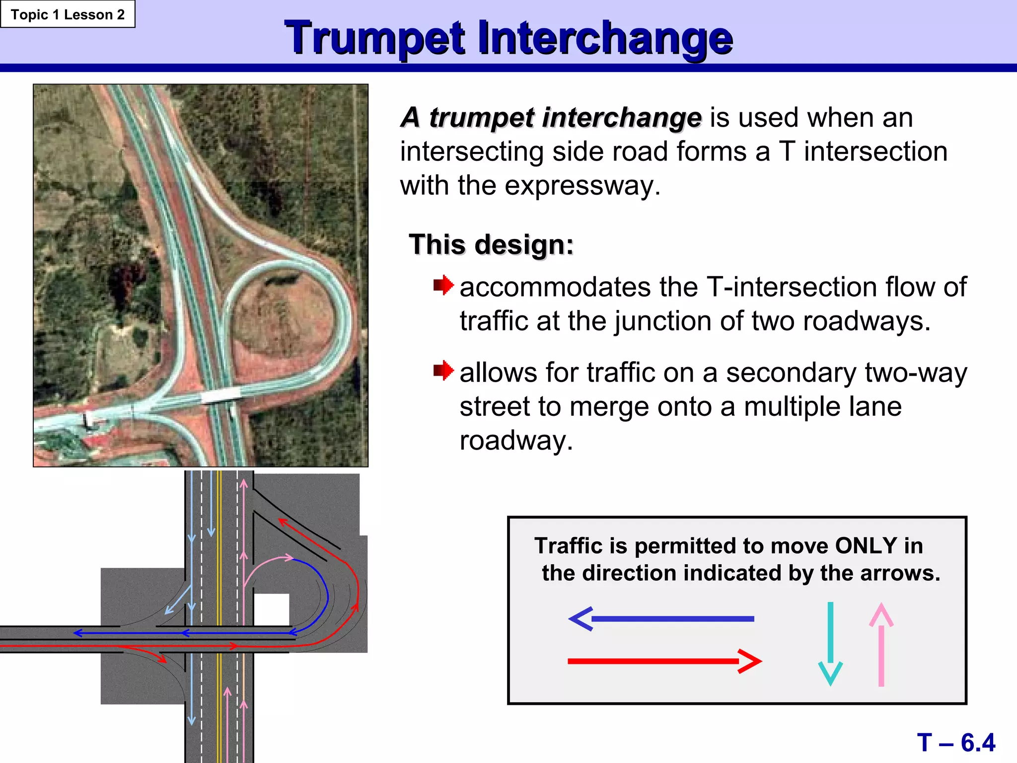 Trumpet InterchangeTrumpet Interchange
T – 6.4
Topic 1 Lesson 2
A trumpet interchangeA trumpet interchange is used when an
intersecting side road forms a T intersection
with the expressway.
Traffic is permitted to move ONLY in
the direction indicated by the arrows.
This design:This design:
accommodates the T-intersection flow of
traffic at the junction of two roadways.
allows for traffic on a secondary two-way
street to merge onto a multiple lane
roadway.
 