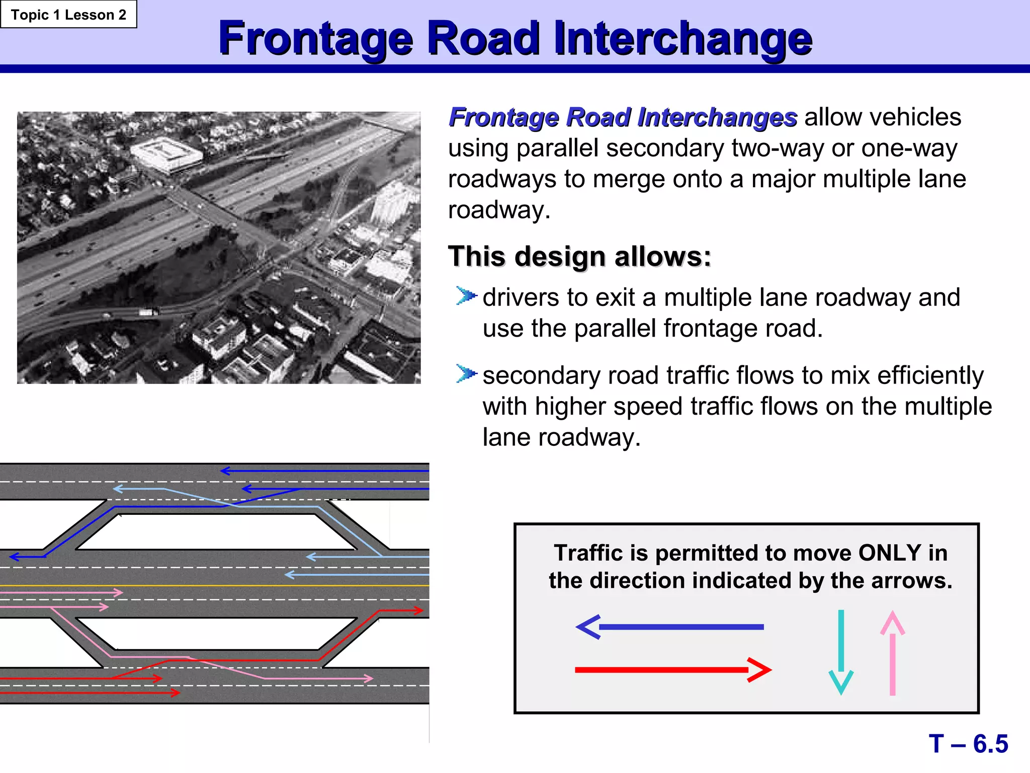 Frontage Road InterchangeFrontage Road Interchange
T – 6.5
Topic 1 Lesson 2
Frontage Road InterchangesFrontage Road Interchanges allow vehicles
using parallel secondary two-way or one-way
roadways to merge onto a major multiple lane
roadway.
Traffic is permitted to move ONLY in
the direction indicated by the arrows.
drivers to exit a multiple lane roadway and
use the parallel frontage road.
secondary road traffic flows to mix efficiently
with higher speed traffic flows on the multiple
lane roadway.
This design allows:This design allows:
 