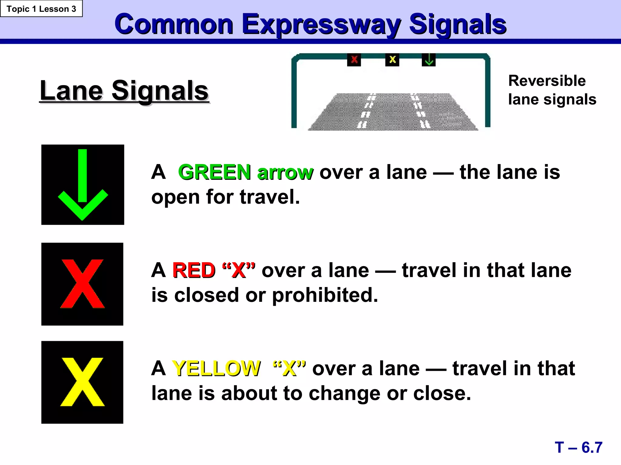 Common Expressway SignalsCommon Expressway Signals
Lane SignalsLane Signals
T – 6.7
Topic 1 Lesson 3
A GREEN arrowGREEN arrow over a lane — the lane is
open for travel.
A YELLOW “X”YELLOW “X” over a lane — travel in that
lane is about to change or close.
A RED “X”RED “X” over a lane — travel in that lane
is closed or prohibited.
Reversible
lane signals
 