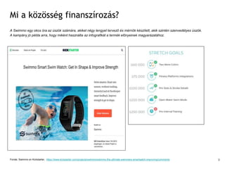 Mi a közösség finanszírozás?
A Swimmo egy okos óra az úszók számára, akiket négy lengyel tervező és mérnök készített, akik szintén szenvedélyes úszók.
A kampány jó példa arra, hogy miként használta az infografikát a termék előnyeinek magyarázatához.
Forrás: Swimmo on Kickstarter, https://www.kickstarter.com/projects/swimmo/swimmo-the-ultimate-swimmers-smartwatch-improving/comments 9
 