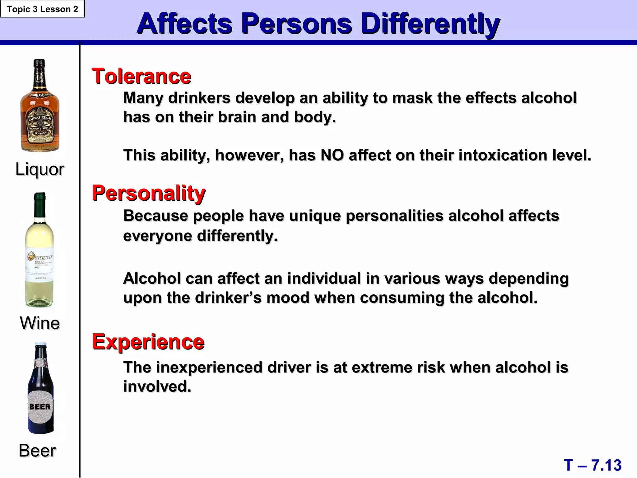 Affects Persons DifferentlyAffects Persons Differently
T – 7.13
Topic 3 Lesson 2
PersonalityPersonality
Because people have unique personalities alcohol affectsBecause people have unique personalities alcohol affects
everyone differently.everyone differently.
Alcohol can affect an individual in various ways dependingAlcohol can affect an individual in various ways depending
upon the drinker’s mood when consuming the alcohol.upon the drinker’s mood when consuming the alcohol.
ExperienceExperience
The inexperienced driver is at extreme risk when alcohol isThe inexperienced driver is at extreme risk when alcohol is
involved.involved.
ToleranceTolerance
Many drinkers develop an ability to mask the effects alcoholMany drinkers develop an ability to mask the effects alcohol
has on their brain and body.has on their brain and body.
This ability, however, has NO affect on their intoxication level.This ability, however, has NO affect on their intoxication level.
LiquorLiquor
WineWine
BeerBeer
 