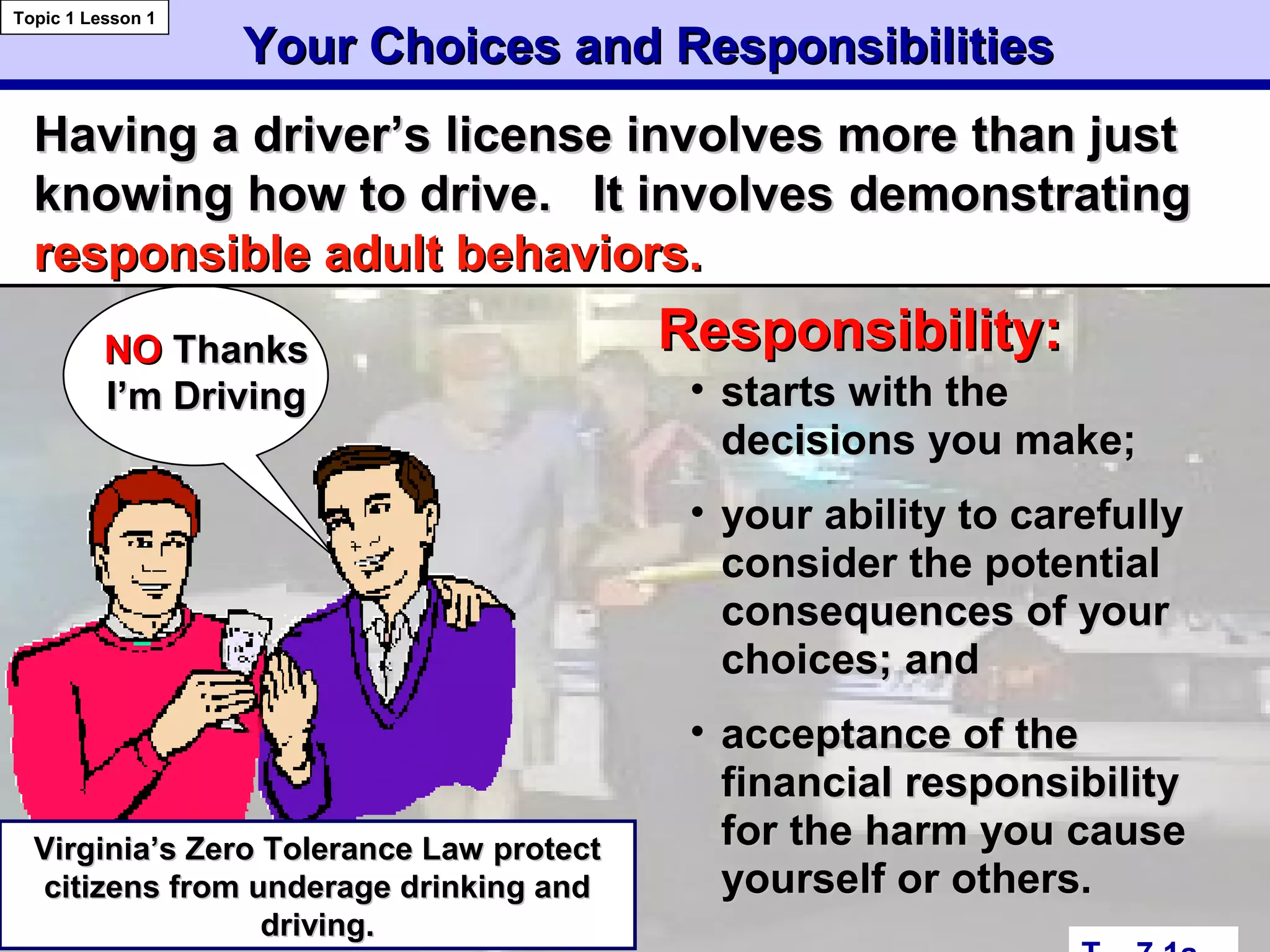 Your Choices and ResponsibilitiesYour Choices and Responsibilities
Topic 1 Lesson 1
Having a driver’s license involves more than justHaving a driver’s license involves more than just
knowing how to drive. It involvesknowing how to drive. It involves demonstratingdemonstrating
responsible adult behaviors.responsible adult behaviors.
NONO ThanksThanks
I’m DrivingI’m Driving
Responsibility:Responsibility:
• starts with thestarts with the
decisions you make;decisions you make;
• your ability to carefullyyour ability to carefully
consider the potentialconsider the potential
consequences of yourconsequences of your
choices; andchoices; and
• acceptance of theacceptance of the
financial responsibilityfinancial responsibility
for the harm you causefor the harm you cause
yourself or others.yourself or others.
Virginia’s Zero Tolerance Law protectVirginia’s Zero Tolerance Law protect
citizens from underage drinking andcitizens from underage drinking and
driving.driving.
 