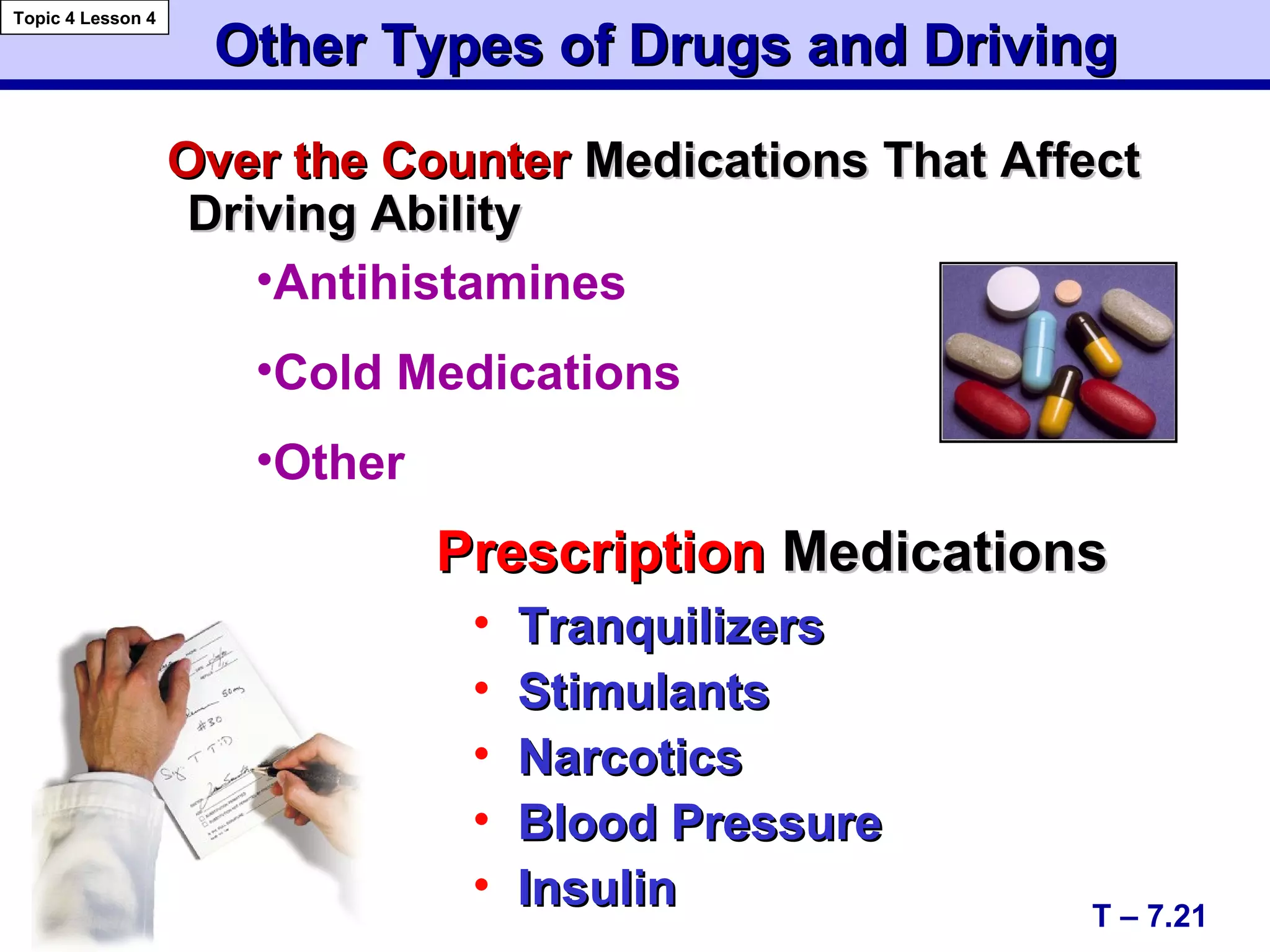 Other Types of Drugs and DrivingOther Types of Drugs and Driving
Over the CounterOver the Counter Medications That AffectMedications That Affect
Driving AbilityDriving Ability
• TranquilizersTranquilizers
• StimulantsStimulants
• NarcoticsNarcotics
• Blood PressureBlood Pressure
• InsulinInsulin
PrescriptionPrescription MedicationsMedications
T – 7.21
Topic 4 Lesson 4
•Antihistamines
•Cold Medications
•Other
 