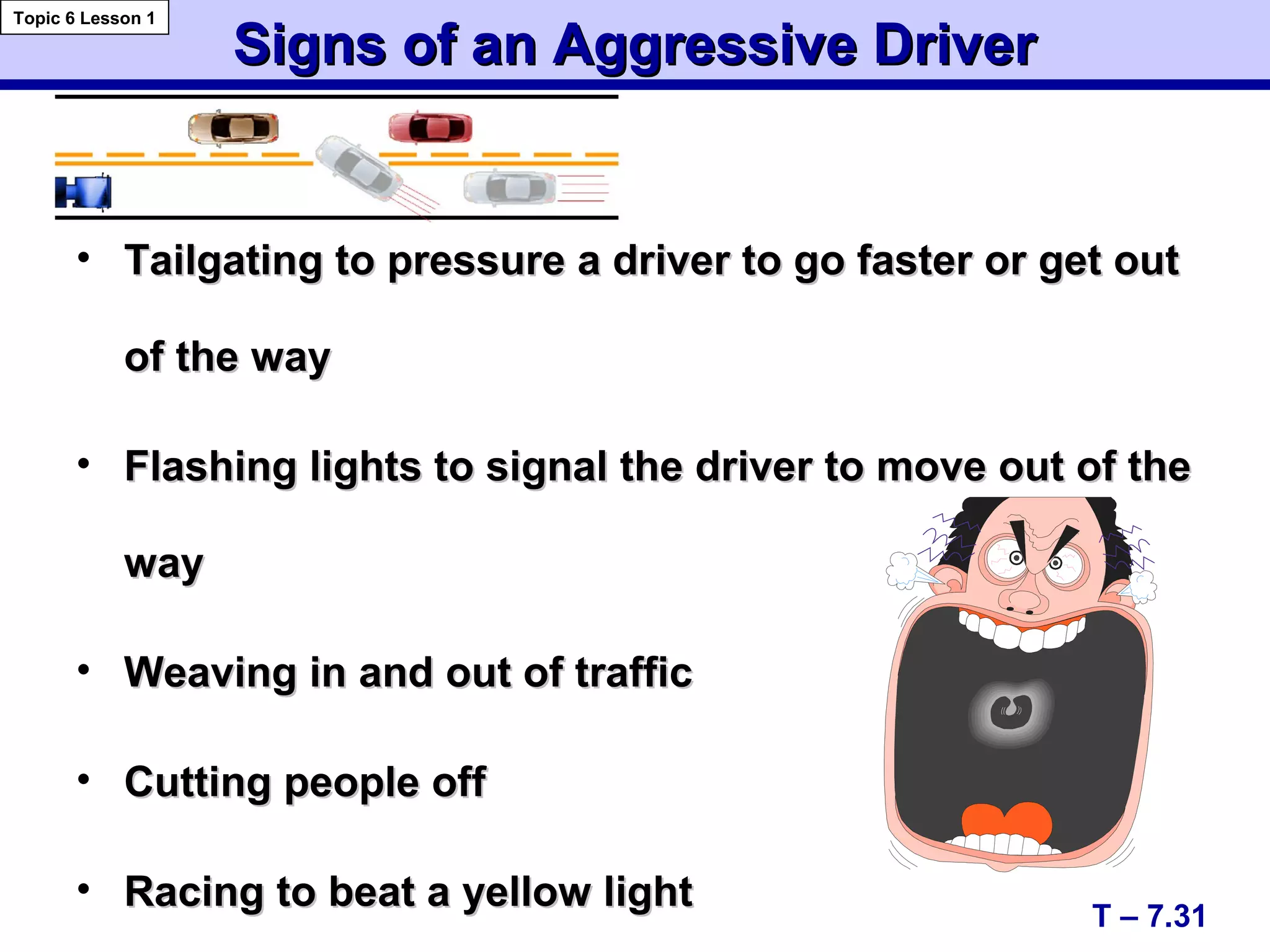 Signs of an Aggressive DriverSigns of an Aggressive Driver
• Tailgating to pressure a driver to go faster or get outTailgating to pressure a driver to go faster or get out
of the wayof the way
• Flashing lights to signal the driver to move out of theFlashing lights to signal the driver to move out of the
wayway
• Weaving in and out of trafficWeaving in and out of traffic
• Cutting people offCutting people off
• Racing to beat a yellow lightRacing to beat a yellow light T – 7.31
Topic 6 Lesson 1
 