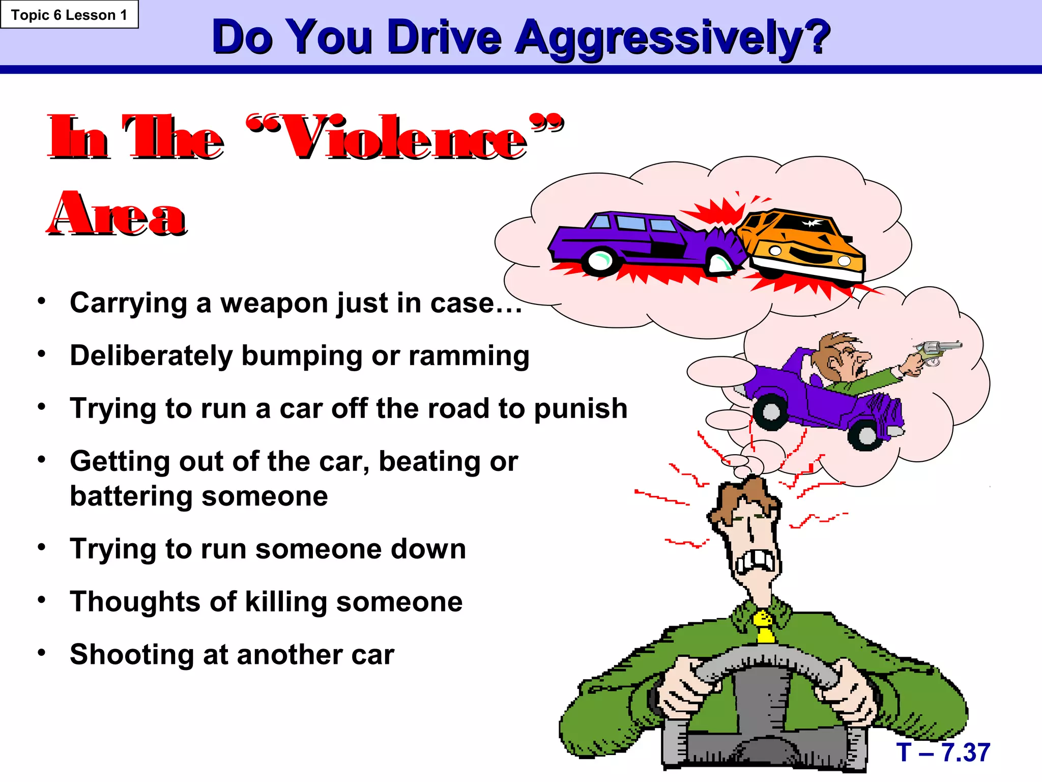 Do You Drive Aggressively?Do You Drive Aggressively?
In The “Violence”In The “Violence”
AreaArea
• Carrying a weapon just in case…
• Deliberately bumping or ramming
• Trying to run a car off the road to punish
• Getting out of the car, beating or
battering someone
• Trying to run someone down
• Thoughts of killing someone
• Shooting at another car
T – 7.37
Topic 6 Lesson 1
 