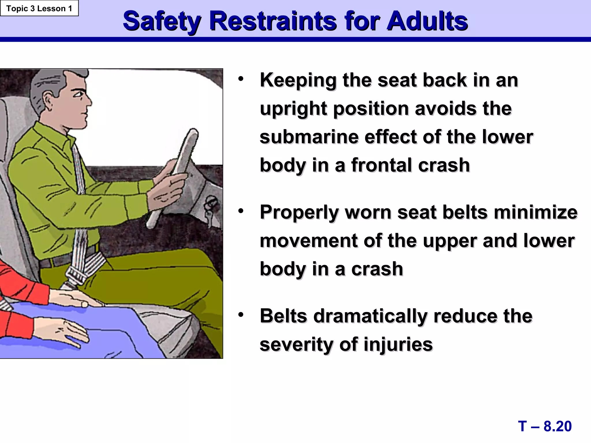 • Keeping the seat back in anKeeping the seat back in an
upright position avoids theupright position avoids the
submarine effect of the lowersubmarine effect of the lower
body in a frontal crashbody in a frontal crash
• Properly worn seat belts minimizeProperly worn seat belts minimize
movement of the upper and lowermovement of the upper and lower
body in a crashbody in a crash
• Belts dramatically reduce theBelts dramatically reduce the
severity of injuriesseverity of injuries
Safety Restraints for AdultsSafety Restraints for Adults
T – 8.20
Topic 3 Lesson 1
 