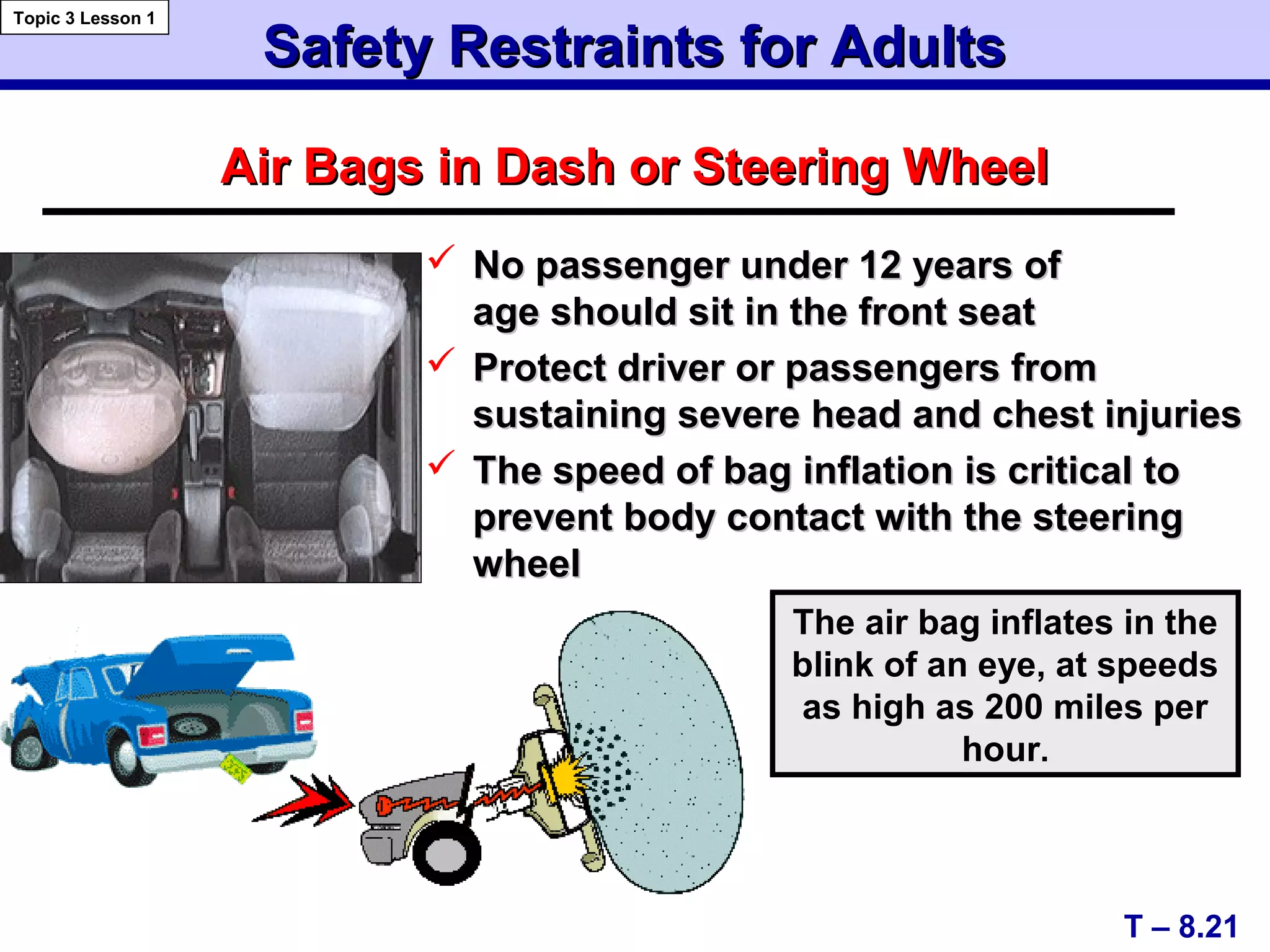 Safety Restraints for AdultsSafety Restraints for Adults
 No passenger under 12 years ofNo passenger under 12 years of
age should sit in the front seatage should sit in the front seat
 Protect driver or passengers fromProtect driver or passengers from
sustaining severe head and chest injuriessustaining severe head and chest injuries
 The speed of bag inflation is critical toThe speed of bag inflation is critical to
prevent body contact with the steeringprevent body contact with the steering
wheelwheel
Air Bags in Dash or Steering WheelAir Bags in Dash or Steering Wheel
T – 8.21
Topic 3 Lesson 1
The air bag inflates in the
blink of an eye, at speeds
as high as 200 miles per
hour.
 